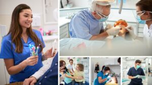 A collage of photos of dental professionals with patients