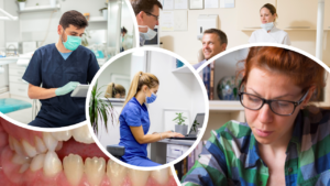 A collage showing dental professionals with patients.