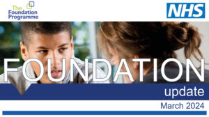 Title page for Foundation Update March 2024, including an image of medical trainees with patients.